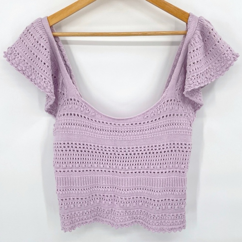NEW Sincerely Jules Lilac Ruffle Crochet Off Shoulder Flutter‎ Sleeve Top Size L